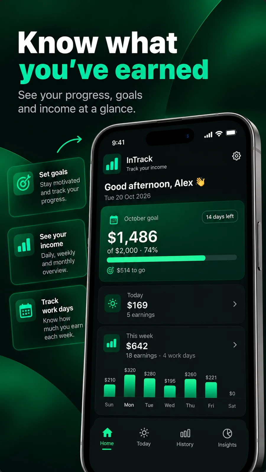 InTrack home screen showing the monthly goal and earnings for today and this week